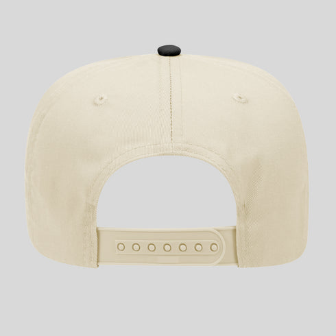 Beige cap with a black button on a light gray background